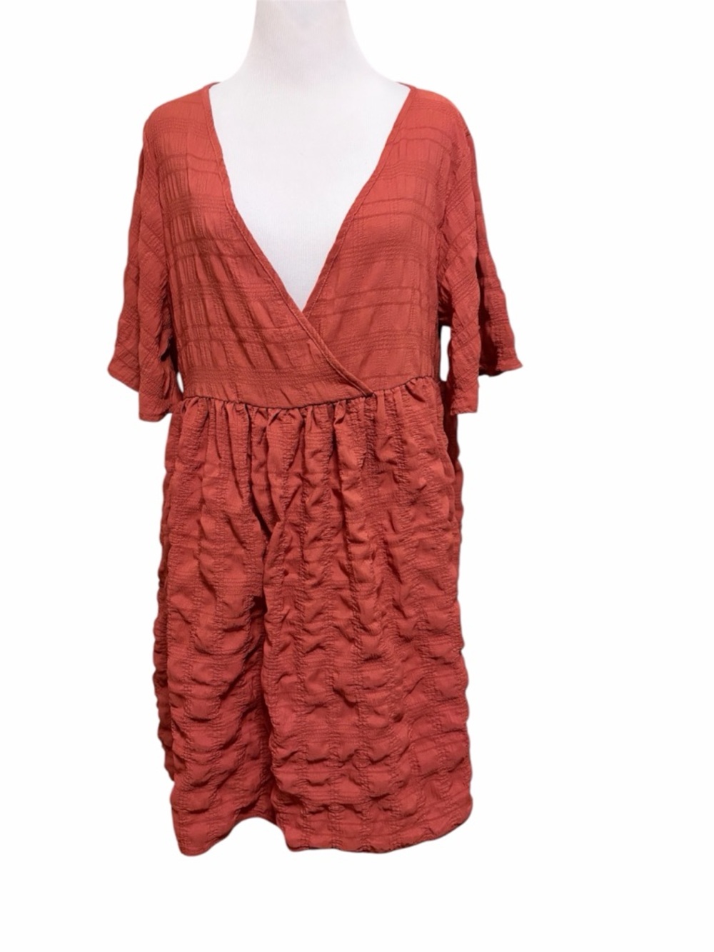 5/$30 🎈 Nordstrom medium Rust Terracotta Textured Faux-Wrap Babydoll Dress